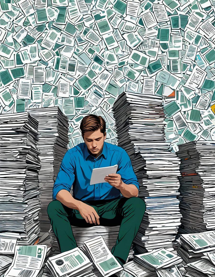 A conceptual illustration depicting a split scene: on one side, a person looking stressed surrounded by bills and paperwork; on the other, a calm individual reviewing a smartphone with visual graphs of premium rates and savings. Incorporate elements symbolizing insurance, such as shields and dollar signs, and a vibrant color palette to convey optimism. super-realistic. dynamic composition. bright colors.