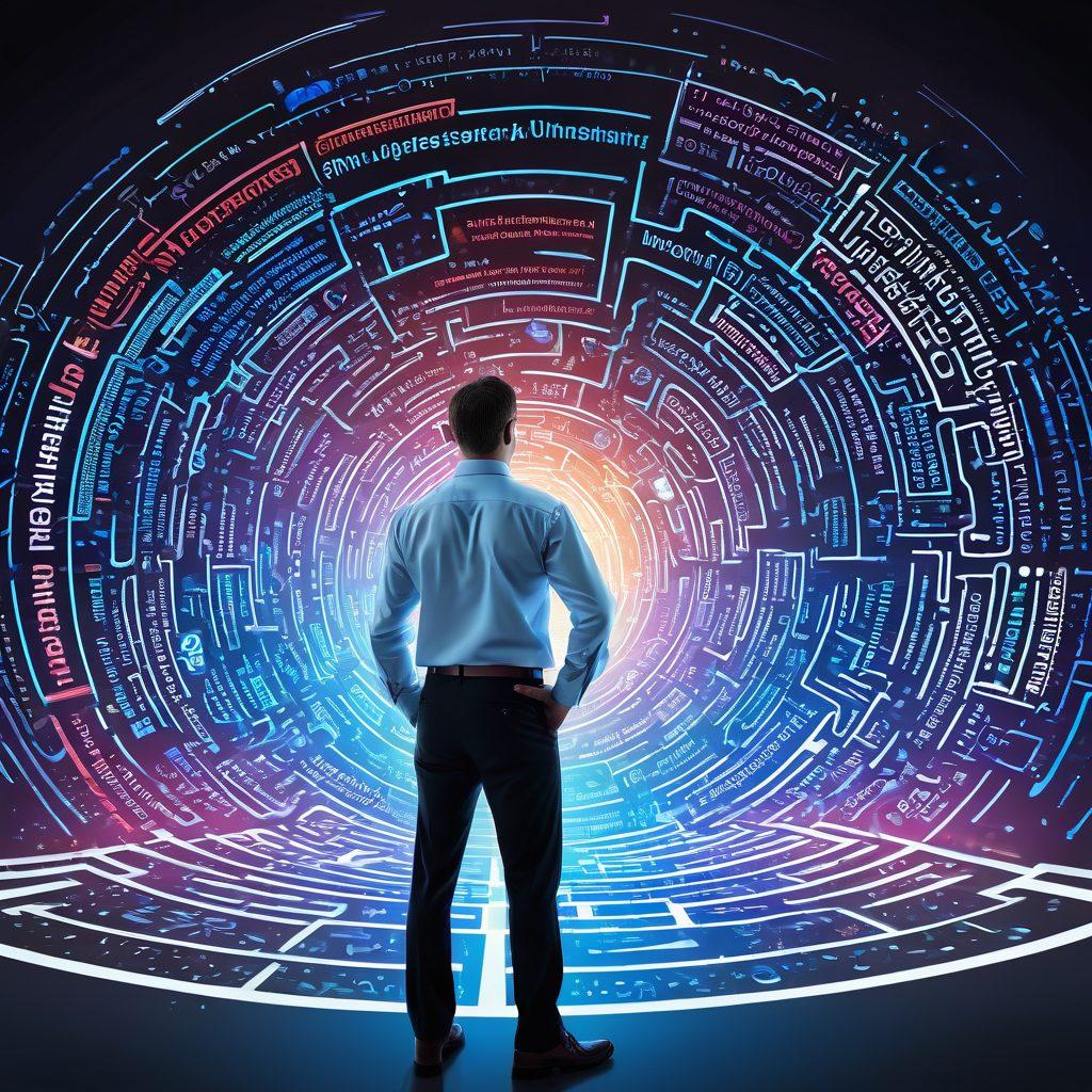 A confident professional navigating a maze of insurance documents and digital screens, symbolizing the journey of mastering claims processing. Highlight various policies and a sense of empowerment reflected in the person's posture. Include elements like a compass and a light bulb to signify guidance and ideas. The background should be a blend of corporate and abstract designs. super-realistic. vibrant colors. dynamic composition.