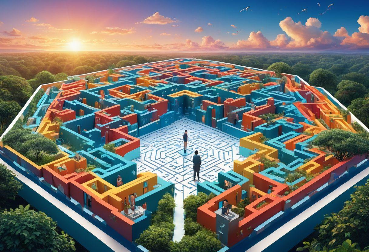 A human figure standing at the center of a complex maze made of insurance documents and policy papers, with arrows pointing towards various types of coverage, premium rates illustrated as playful icons. The background features a bright blue sky with fluffy clouds symbolizing clarity and guidance. The scene is infused with elements of exploration and discovery, creating a sense of hope and clarity within the insurance maze. vibrant colors. 3D. digital art.